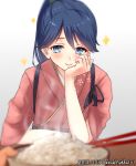  blue_eyes blue_hair blush closed_mouth commentary_request food gradient gradient_background hair_between_eyes hakama high_ponytail highres houshou_(kantai_collection) japanese_clothes jewelry kantai_collection kimono nuka_(nvkka) pink_kimono ponytail rice ring short_sleeves smile steam wedding_ring 