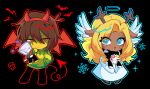  1girl 1other absurdres angel_and_devil angel_wings animal_ears ant_tenna antlers black_background black_pants blonde_hair blue_eyes blue_outline character_doll chibi deer_antlers deer_ears deer_girl deltarune demon_horns demon_tail demon_wings doll drawstring expressionless fake_horns freckles full_body furry furry_female green_hoodie hairband halo hashtag-only_commentary highres holding hood hoodie horn_hairband horns kris_(deltarune) long_hair noelle_holiday outline pants red_eyes red_hairband red_outline simple_background spamton_g._spamton tail utdr_(toby_fox) wings yp_katelove 