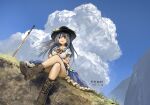  1girl artist_name black_hat blue_hair blue_sky boots bow bowtie breasts brown_boots closed_mouth cloud commentary crossed_arms crossed_legs dated day frilled_skirt frills hat hat_ornament highres hinanawi_tenshi lace-up_boots leaf_hat_ornament long_hair looking_at_viewer outdoors peach_hat_ornament planted planted_sword puffy_short_sleeves puffy_sleeves rainbow_order red_bow red_bowtie red_eyes shirt short_sleeves skirt sky smile solo sword sword_of_hisou touhou weapon white_shirt zhuxie1264852 