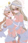  2girls ? absurdres asymmetrical_docking bandaged_arm bandaged_head bandaged_neck bandages blonde_hair blue_archive braid breast_press breasts brown_eyes brown_hair cleavage commentary crown_braid double-parted_bangs flat_chest hair_between_eyes halo hifumi_(blue_archive) highres hug large_breasts long_hair looking_at_viewer low_twintails multiple_girls nagisa_(blue_archive) naked_bandage navel open_mouth peroro_(blue_archive) red_halo shaded_face shusuchii simple_background small_breasts stomach symbol-only_commentary twintails white_background yellow_eyes yellow_halo 