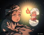  1boy aged_down blanket child commentary_request dark-skinned_male dark_skin facial_mark fire headband hokkyoku_(uuunnoo2) jojo_no_kimyou_na_bouken magician's_red male_focus mohammed_avdol stand_(jojo) stardust_crusaders twitter_username white_headband 