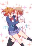  black_legwear blue_eyes bow bowtie brown_hair closed_mouth collared_shirt commentary_request cover cover_page english green_eyes hair_bow ichihi_(spinon) kira_tsubasa kousaka_honoka long_sleeves looking_at_another love_live! love_live!_school_idol_project medium_hair multiple_girls necktie one_side_up orange_hair otonokizaka_school_uniform sample school_uniform shirt short_hair smile socks sparkle striped striped_neckwear utx_school_uniform yellow_bow yuri 