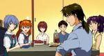  2boys 3girls angry ayanami_rei blue_eyes blue_hair blush breasts brown_hair eating everyone female food game_cg girlfriend_of_steel hair_between_eyes hair_ornament happy ikari_shinji katsuragi_misato kirishima_mana long_hair multiple_boys multiple_girls navel neon_genesis_evangelion neon_genesis_evangelion:_iron_maiden open_mouth orange_hair ponytail purple_hair red_eyes school_uniform shiny short_hair shorts sitting smile soryu_asuka_langley twintails 