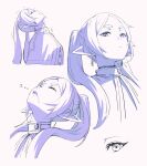  1girl absurdres capelet closed_eyes closed_mouth commentary_request drooling elf frieren hair_over_shoulder highres jchoy long_hair meme monochrome multiple_views open_mouth pink_background pointy_ears purple_eyes saliva shirt short_eyebrows simple_background sousou_no_frieren striped_clothes striped_shirt thick_eyebrows twintails upward_angle_frieren_drawing_(meme) 