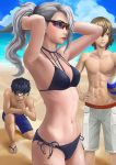  2boys akechi_gorou amamiya_ren ball beach bikini black_bikini black_hair breasts brown_hair cleavage glasses long_hair male_swimwear multiple_boys navel niijima_sae otk_king persona persona_5 ponytail short_hair simple_background sky swimsuit swimwear water 