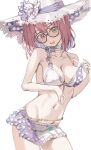  1girl absurdres bikini bikini_skirt breasts choker cleavage collarbone frilled_bikini frills glasses green_eyes hat highres himemori_luna himemori_luna_(summer) hololive looking_at_viewer medium_breasts medium_hair navel open_mouth pink_hair purple_eyes scarlet_(wv0102) simple_background star_(symbol) star_choker stomach straw_hat sun_hat swimsuit white_background white_bikini white_choker 