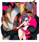  arched_back bikini bikini_skirt blue_eyes blush breasts cleavage commentary dark_blue_hair dripping gen_4_pokemon giratina glowing glowing_eyes hand_on_another's_head highres hikari_(pokemon) kenron_toqueen legendary_pokemon long_hair looking_at_viewer pokemon pokemon_(creature) pokemon_(game) pokemon_dppt purple_eyes sideboob smile striped striped_bikini swimsuit tentacles wet 