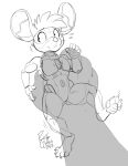  2023 ambiguous_gender anthro big_ears claws ears eyebrows flustered hi_res machine mammal monochrome mouse mouse_wheel murid murine paws pinned pupils pushbutton rick_griffin robot rodent size_difference solo translucent visor west_of_heaven 