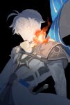  1boy akaguchi_35 antenna_hair armor black_background black_choker blue_cape cape choker closed_eyes fire floating_cape grey_hair hair_between_eyes highres honkai:_star_rail honkai_(series) jacket long_sleeves male_focus neck_tattoo phainon_(honkai:_star_rail) short_hair shoulder_armor simple_background smile solo sun_symbol sun_tattoo tattoo teeth two-sided_cape two-sided_fabric upper_body white_jacket yellow_cape 