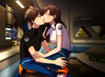  black_shirt blue_pants blush brown_hair casual closed_eyes couch d.va_(overwatch) facial_mark facing_another from_side hooreng kiss long_hair multiple_girls overwatch overwatch_(logo) pants shadow shirt short_hair sitting sitting_on_lap sitting_on_person smile table tracer_(overwatch) white_shirt yuri 