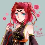  bare_shoulders blue_eyes breasts chinese_clothes code_geass detached_sleeves facial_mark flower forehead_mark hair_flower hair_ornament hair_ribbon high_collar ilohasvio kallen_stadtfeld large_breasts looking_at_viewer red_flower red_hair ribbon short_hair sideboob solo two_side_up 