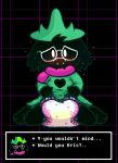  anthro blush caprine deltarune dialogue diaper eyewear glasses goat hat kneeling male mammal ralsei solo tenerius urine wet_diaper wetting 