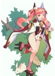  :d animal_ears bell blush brown_eyes clenched_hands dianche_miao_(18826) eyeshadow geta hair_bell hair_ornament highres jingle_bell kneehighs leg_up long_hair makeup mismatched_legwear open_mouth original pink_hair pink_legwear smile socks wide_sleeves 