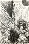 1girl arm_cannon black_sun bow cape closed_mouth commentary greyscale hair_bow highres long_hair looking_at_viewer monochrome reiuji_utsuho shirt skirt solo sun tanishi_(agaribito_snail) third_eye touhou traditional_media upper_body weapon wings 