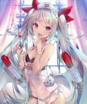  :p alternate_costume ass_visible_through_thighs azur_lane bandaged_arm bandages bangs bare_shoulders bat_wings belt black_bra black_panties blurry blurry_background blush bra breasts cannon chair collarbone cowboy_shot curtains deecha eyebrows_visible_through_hair fang garter_belt garter_straps hair_between_eyes hair_ornament hair_ribbon hand_up hat highres holding holding_syringe indoors light_particles long_hair looking_at_viewer mechanical_wings medium_breasts nurse nurse_cap open_mouth panties red_eyes red_ribbon ribbon see-through sidelocks signature silver_hair skindentation smile solo syringe thighhighs thighs tongue tongue_out torpedo turret twintails underwear vampire_(azur_lane) very_long_hair white_legwear wings wristband 