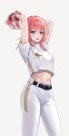  1girl alternate_costume arms_up asta_(honkai:_star_rail) baseball_mitt belt black_belt blue_eyes braid breasts cowboy_shot hair_ornament hey_catia highres honkai:_star_rail honkai_(series) long_hair looking_at_viewer medium_breasts midriff navel open_mouth pants pink_hair shirt short_sleeves side_braid simple_background solo white_background white_pants white_shirt 