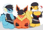  2018 anthro anthrofied areola big_breasts big_butt breasts butt canine cleavage clothed clothing eeveelution eyes_closed female flareon group hat hi_res huge_breasts jinu jolteon looking_at_viewer looking_back mammal marine neck_tuft nintendo pok&eacute;ball pok&eacute;mon pok&eacute;mon_(species) pok&eacute;morph team_rocket tongue tongue_out tuft vaporeon video_games 