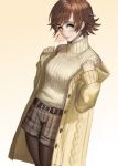  blush brown_eyes brown_hair casual commentary_request cowboy_shot gradient gradient_background highres honda_mio idolmaster idolmaster_cinderella_girls jacket looking_at_viewer pantyhose short_hair shorts sweater turtleneck turtleneck_sweater usukuchi_(impasto_life) 