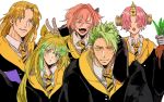  3boys achilles_(fate) animal_ears astolfo_(fate) atalanta_(fate) brown_eyes brown_hair chiron_(fate) closed_eyes collared_shirt commentary covered_eyes eyebrows_visible_through_hair fangs fate/grand_order fate_(series) frankenstein's_monster_(fate) green_eyes green_hair hair_over_eyes harry_potter highres horn hufflepuff long_hair mandrake matching_outfit matimatio multicolored_hair multiple_boys multiple_girls necktie open_mouth orange_hair pink_hair robe shirt short_hair two-tone_hair v yellow_eyes 