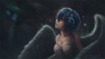  album_cover angel angel_wings bare_shoulders blue_hair blurry blurry_background bra bra_through_clothes breasts cleavage commentary cover dark dress headphones highres original phyrnna profile rain sad short_hair solo sundress tmiracle underwear wallpaper wet wet_clothes white_dress white_wings wings yellow_eyes 