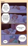  4koma bat_wings bed bed_sheet blonde_hair blue_hair blue_pajamas comic commentary counting english fang flandre_scarlet highres hug multiple_girls night open_mouth pajamas pillow pointy_ears red_eyes remilia_scarlet short_hair siblings sisters smile touhou under_covers wings yoruny 