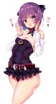  1girl :d absurdres bangs bare_shoulders belt blush breasts cleavage covered_navel detached_sleeves dress fafas68 fate/grand_order fate_(series) frills hair_ribbon helena_blavatsky_(fate/grand_order) highres looking_at_viewer open_mouth panties purple_dress purple_eyes purple_hair purple_panties ribbon short_hair simple_background smile solo underwear white_background 