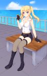  blonde_hair blue_eyes boots cellphone commentary_request enu_naitsu gloves ocean phone smartphone thigh_boots thighhighs twintails 