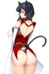  animal_ears ass back bare_back black_hair blue_eyes breasts cat_ears cat_tail commentary_request covered_nipples gloves highres huge_breasts long_sleeves masao original short_hair simple_background solo tail thighs white_background white_gloves 