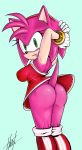  absurd_res amy_rose anthro blush boots bracelet bubble_butt butt butt_pose clothed clothing dress female footwear gloves green_eyes grin hairband hands_behind_head hedgehog hi_res hmx_(artist) jewelry lipstick looking_at_viewer looking_back makeup mammal nipple_bulge no_underwear presenting raised_arm smile solo sonic_(series) superabsurd_res teasing upskirt 