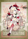  1girl alternate_costume belt bikini_top black_footwear blonde_hair blue_eyes blush boots breasts christmas coat colt_m1873_(girls_frontline) colt_saa commentary_request girls_frontline gloves gun handgun hat holding long_hair looking_at_viewer navel official_art red_coat red_gloves red_hat revolver sack short_shorts shorts single_thighhigh small_breasts smile solo striped striped_legwear thighhighs twintails weapon 