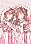  2girls 2nd_live_tour_~blooming_with_ooo~ animification bare_shoulders black_hair blunt_bangs blush brown_eyes closed_mouth clothing_cutout commentary_request cowboy_shot dress flower frilled_dress frills grey_background hair_flower hair_ornament heart_arms heart_arms_duo highres holding holding_microphone kan_kanna link!_like!_love_live! link_to_the_future_(love_live!) lips long_hair looking_at_viewer love_live! meiji_(mosamoo3) microphone mira-cra_park! multiple_girls pink_dress real_life short_sleeves shoulder_cutout simple_background split_mouth tsukine_kona twintails twitter_username voice_actor white_flower 