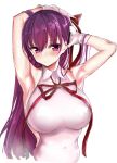  1girl arm_behind_head armpits bangs bb_(fate)_(all) bb_(fate/extra_ccc) blush breasts earrings fafas68 fate/extra fate/extra_ccc fate_(series) gloves hair_between_eyes hair_ribbon heart jewelry long_hair purple_eyes purple_hair ribbon simple_background sleeveless solo very_long_hair white_background white_gloves 