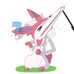  2013 ambiguous_gender bow_tie canine crying dlrowdog eeveelution feral fur humor mammal multicolored_fur nintendo pink_fur pok&eacute;mon pok&eacute;mon_(species) pok&eacute;mon_amie simple_background solo stretching stylus sylveon tears tongue video_games what white_fur 