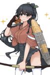  1girl arrow_(projectile) black_hair black_hakama bow_(weapon) brown_gloves flight_deck gloves grey_eyes hakama highres houshou_(kancolle) japanese_clothes kantai_collection kimono kinakomochi_(testament05) partially_fingerless_gloves pink_kimono ponytail quiver shield simple_background single_glove smile solo sparkle standing tasuki thighhighs weapon white_background white_thighhighs yugake 