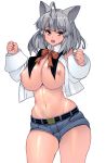  ahoge animal_ears cat_ears commentary_request curvy fangs highres huge_ahoge long_hair looking_at_viewer masao midriff navel nipples open_mouth original short_hair short_shorts shorts silver_hair simple_background skindentation solo thick_thighs thighs white_background yellow_eyes 
