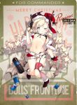  1girl alternate_costume belt bikini_top black_footwear blonde_hair blue_eyes blush boots breasts can christmas coat colt_m1873_(girls_frontline) colt_saa commentary_request girls_frontline gloves gun handgun hat holding long_hair looking_at_viewer navel official_art red_coat red_gloves red_hat revolver sack short_shorts shorts single_thighhigh small_breasts smile soda soda_bottle soda_can solo striped striped_legwear thighhighs torn_clothes torn_legwear twintails weapon 