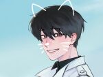  1boy :d aegyo_sal black_eyes black_hair black_shirt coat collared_shirt dokjasepilogue drawn_ears drawn_whiskers grin hair_between_eyes kim_dokja looking_at_viewer male_focus omniscient_reader's_viewpoint open_clothes open_coat shirt short_hair smile solo white_coat 