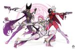  3girls aiming ankle_gun bayonetta bayonetta_(series) bayonetta_3 black_bodysuit black_hair bodysuit braid crysmilk eyeshadow eyewear_on_head full_body glass gun hair_horns handgun highres jeanne_(bayonetta) long_hair makeup multiple_girls pink_hair purple_eyeshadow quadruple_wielding red_bodysuit redesign sigil standing sword very_long_hair viola_(bayonetta) weapon white_background white_bodysuit white_hair 
