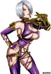  blue_eyes breasts commentary_request earrings gauntlets hair_over_one_eye hand_on_hip highres isabella_valentine ise_(isejp1) jewelry lipstick makeup navel purple_lipstick revealing_clothes short_hair silver_hair smile solo soulcalibur standing 