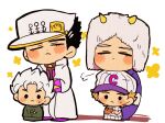  4boys :< baseball_cap baseball_mitt baseball_uniform black_hair blonde_hair blush_stickers chibi chibi_only closed_eyes coat commentary_request diamond_wa_kudakenai emporio_alnino fake_horns full_body fur_hat gakuran hat head_on_head head_rest hirose_koichi horned_headwear horns jojo_no_kimyou_na_bouken kujo_jotaro long_sleeves male_focus motu705 multiple_boys pointy_hair puff_of_air school_uniform short_hair solid_oval_eyes sportswear stone_ocean sweat weather_report white_hair 