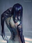  black_hair commentary english_commentary facing_away from_behind highres iridescent long_hair nude original rain solo standing tattoo watermark web_address wenqing_yan wet wet_hair 