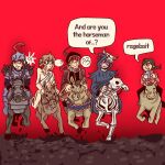  !? ...? 5girls ? armor barding black_hair braid brown_hair chainsaw_man cosplay death_(entity) death_devil_(chainsaw_man) demonhonho english_text fami_(chainsaw_man) four_horsemen green_eyes grim_reaper grim_reaper_(cosplay) highres holding holding_reins horse long_hair makima_(chainsaw_man) medium_hair multiple_girls nayuta_(chainsaw_man) nude orange_eyes plume purple_hair red_background red_eyes red_hair reins riding scar scar_on_face siblings sidelocks single_braid sisters skeleton_horse yellow_eyes yoru_(chainsaw_man) 