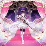  1girl ;d absurdres azki_(hololive) azki_(prima_diva)_(hololive) black_corset black_hair blonde_hair boots bow bowtie cape center_frills colored_inner_hair commentary_request confetti copyright_notice corset crown curtains double-parted_bangs dress floating_crown floating_hair frilled_dress frills full_body fur_cape gold_trim hair_between_eyes hair_intakes highres holding holding_microphone hololive jacket layered_skirt long_hair long_sleeves looking_at_viewer microphone miniskirt mole mole_under_eye multicolored_hair muto_(n0sug4r) official_alternate_costume official_alternate_hairstyle official_art one_eye_closed open_mouth pink_hair pleated_skirt purple_eyes see-through_skirt_layer shirt sidelocks skirt smile solo stairs straight-on streaked_hair teeth thigh_boots upper_teeth_only virtual_youtuber white_boots white_bow white_bowtie white_cape white_hair white_jacket white_shirt white_skirt 