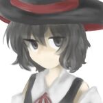  1other androgynous bare_shoulders black_hair black_hat black_vest closed_mouth collared_shirt detached_sleeves enraku_tsubakura expressionless eyes_visible_through_hair grey_eyes hair_between_eyes hat image_sample jandare len'en neck_ribbon no_lineart non-web_source other_focus pixiv_sample red_hat red_ribbon ribbon shirt short_hair simple_background sleeveless sleeveless_shirt solo top_hat two-sided_fabric two-sided_headwear upper_body vest white_background white_shirt white_sleeves 