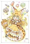  1girl animal_ears blonde_hair cat_ears cat_girl dragon_horns dragon_tail elbow_gloves extra_ears fingerless_gloves food full_body gloves highres horns japari_bun kemono_friends kemono_friends_3 long_hair necktie ribbon serval_(kemono_friends) shirabaki shirt shoes simple_background skirt sleeveless sleeveless_shirt solo tail thighhighs yellow_eyes 