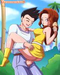  ass auburn_hair boots clothed_sex dragon_ball dragon_ball_gt dress earrings food hand_on_shoulder ice_cream ice_cream_cone jewelry legs long_hair missionary outside palace_(dragon_ball) penis pussy_juice red_eyes reit son_goten straddling upright_straddle yellow_boots yellow_dress 