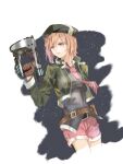  1girl ao_no_kiseki belt_pouch beret bob_cut brown_gloves brown_hair cropped_jacket double-parted_bangs eiyuu_densetsu floating_neckwear gloves green_hat gun hair_between_eyes hat highres holding holding_gun holding_weapon long_sleeves necktie noel_seeker pouch purple_eyes red_necktie short_hair shorts simple_background solo upper_body weapon yingkongji1 zero_no_kiseki 