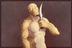  2018 4_fingers anthro black_blood blood blue_eyes claws dagger digital_media_(artwork) hi_res humanoid ismar lizard looking_at_viewer male melee_weapon nightcrauzer nude reptile scales scalie smile solo tongue tres-art weapon 