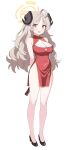  1girl :d absurdres ahoge alternate_costume arms_behind_back bare_shoulders black_horns black_shoes blue_archive blush breasts brown_hair china_dress chinese_clothes chinese_commentary cleavage cleavage_cutout clothing_cutout commentary_request covered_navel curled_horns demon_girl demon_horns dot_nose dress fluffy_hair folded_fan folding_fan forehead full_body halo hand_fan high_heels highres holding holding_fan horns izumi_(blue_archive) jyt large_breasts long_hair looking_at_viewer open_mouth parted_bangs pelvic_curtain red_dress second-party_source shoes side_slit simple_background sleeveless sleeveless_dress smile solo standing tachi-e transparent_background very_long_hair yellow_eyes yellow_halo 