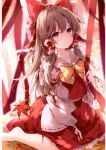  1girl :o absurdres autumn_leaves barefoot between_legs blurry blurry_background blush bow bowtie brown_eyes brown_hair collarbone detached_sleeves fingernails frilled_bow frilled_shirt_collar frills hair_bow hair_tubes hakurei_reimu highres holding long_hair looking_at_viewer mochizuki_shiina parted_lips red_bow red_ribbon red_shirt red_skirt red_theme ribbon scan shirt simple_background sitting skirt solo tied_hair touhou wariza wide_sleeves yellow_bow yellow_bowtie 